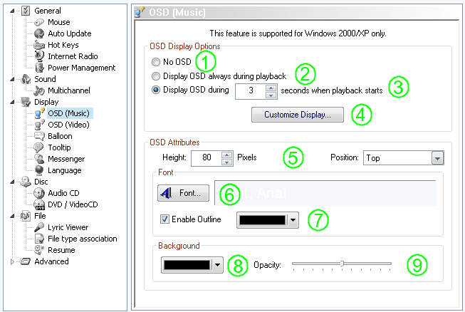 jetAudio Preferences / Display OSD Settings