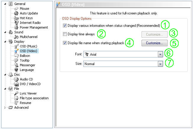 jetAudio Preferences / Display OSD Video Settings