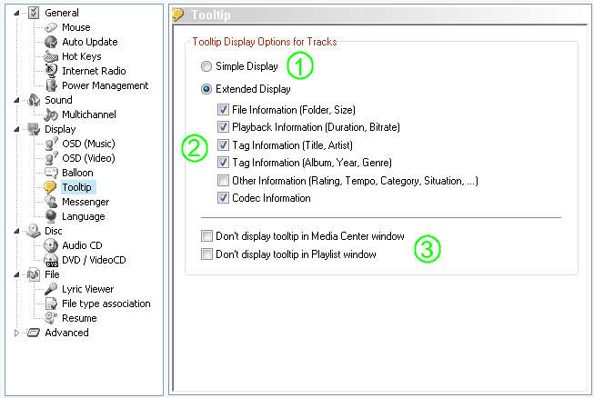 jetAudio Preferences / Display Tooltip Settings