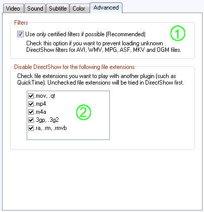 jetAudio Preferences / Direct show settings / Advanced