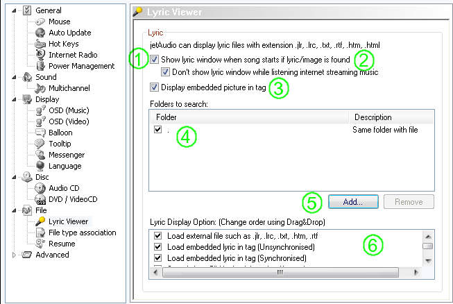 jetAudio Preferences / Lyric Viewer settings