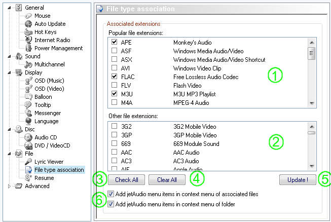 jetAudio Preferences / File type association settings