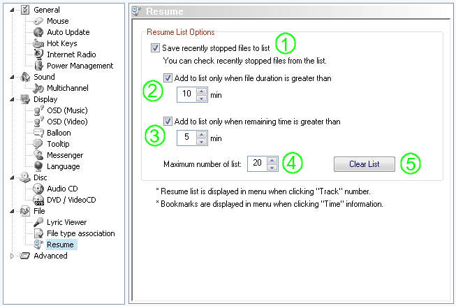 jetAudio Preferences / File Resume settings
