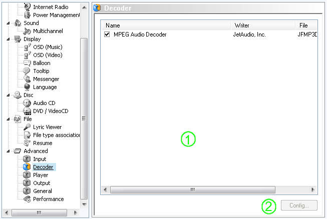 jetAudio Preferences / Advanced Decoder Settings